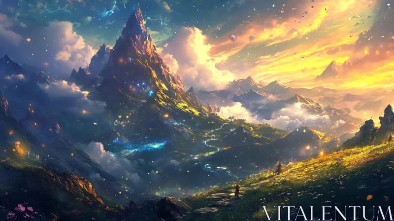 Majestic Mountain Under Golden Sky AI Image