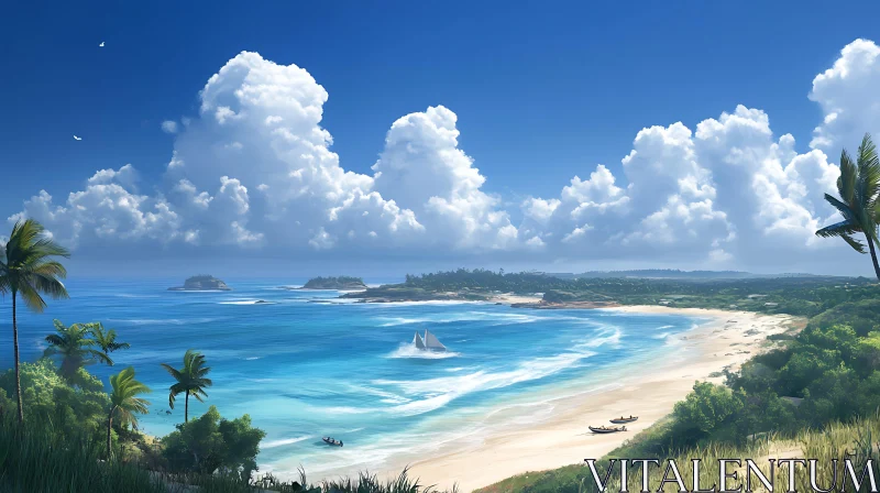 AI ART Tropical Beach Paradise with White Clouds