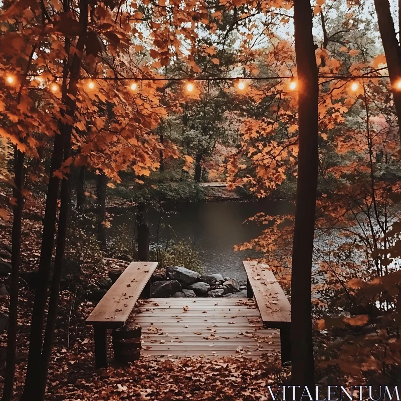 Peaceful Autumn Scene with Wooden Path and Lake AI Image