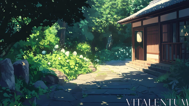 Serene Garden Pathway to a Sunlit House AI Image