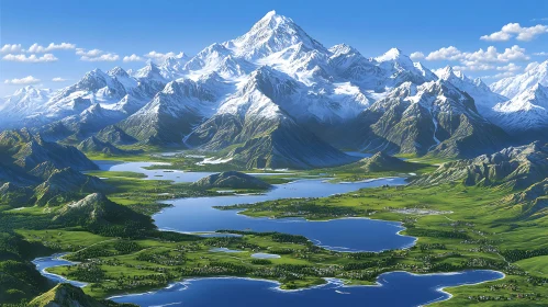 Snowy Peaks and Green Valley Landscape