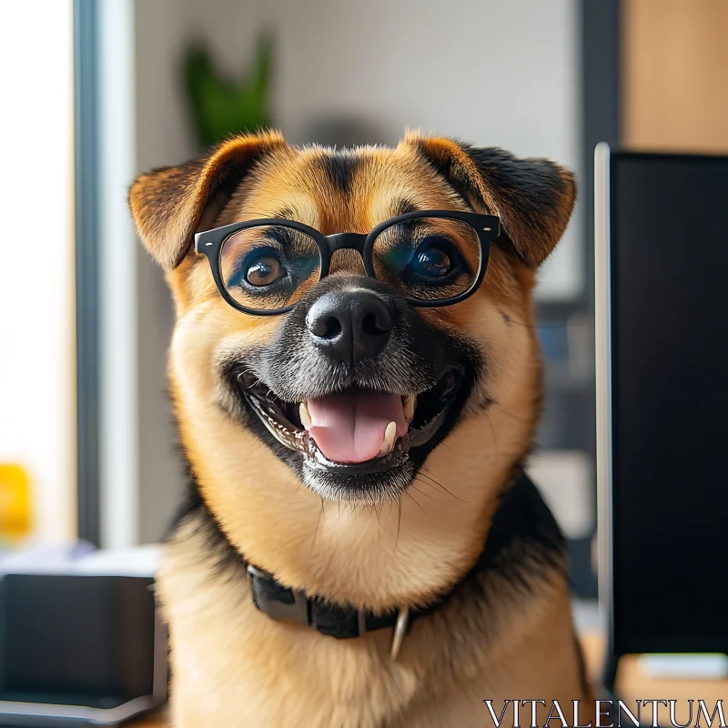 Happy Dog Wearing Glasses in Modern Office AI Image