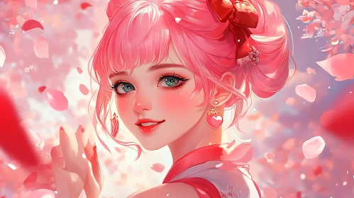 Blossom-Adorned Anime Girl with Pink Hair