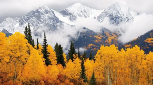 Snowy Peaks and Golden Trees Scenery