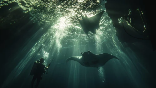 Underwater Scene with Manta Rays