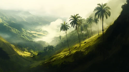 Misty Valley with Palm Trees