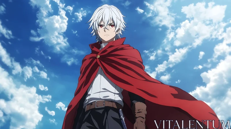 Anime White-Haired Hero in Red Cape AI Image