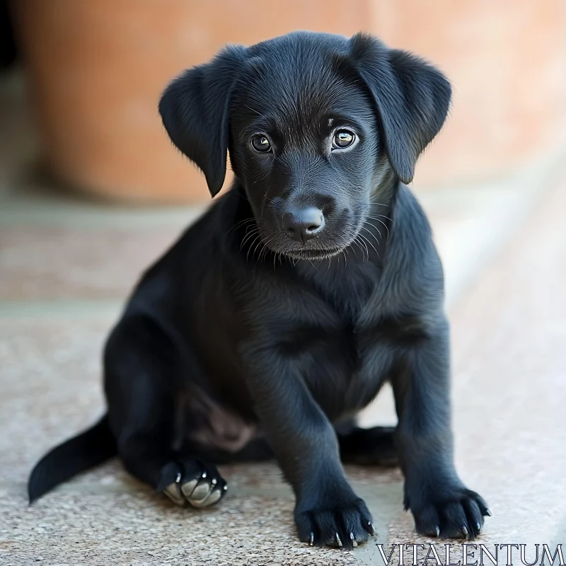 Innocent Black Puppy on Tiled Surface AI Image