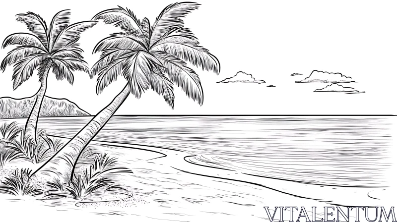 AI ART Monochrome Beach with Palm Trees