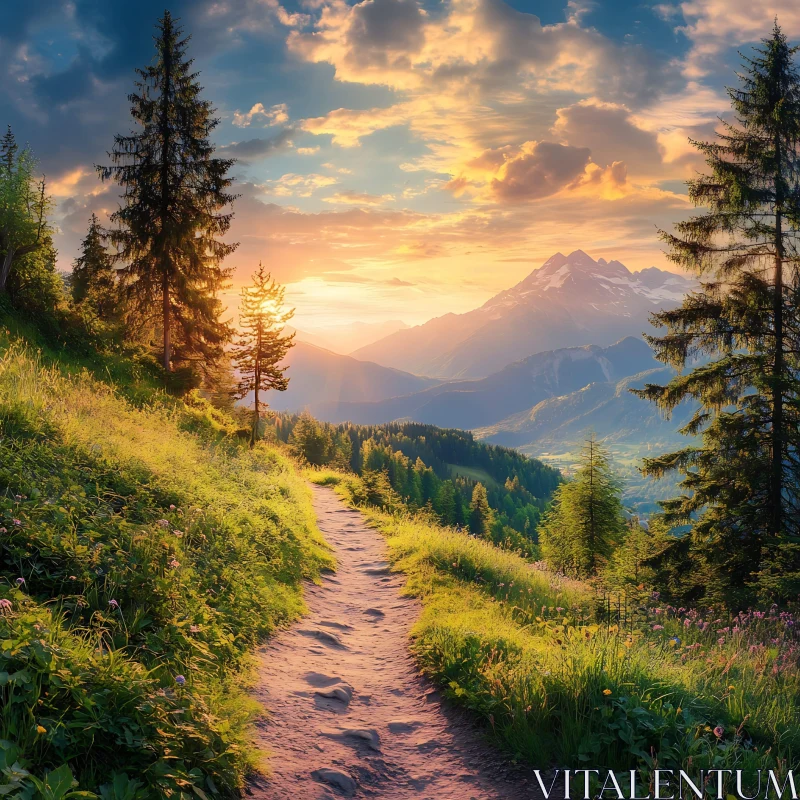 Sunset Hike Through Mountain Landscape AI Image