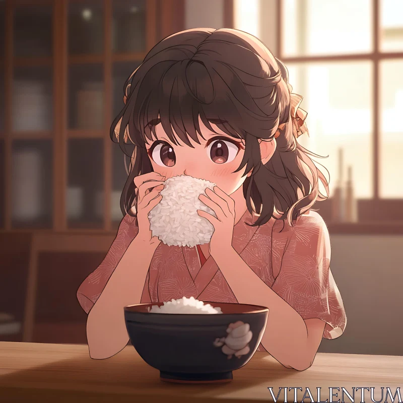 Adorable Anime Girl Enjoys Rice in Warm Kitchen AI Image