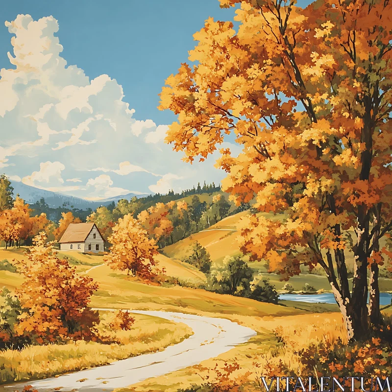 Golden Autumn Trees and Winding Road AI Image