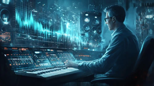 Man Composing Music with Synthesizer