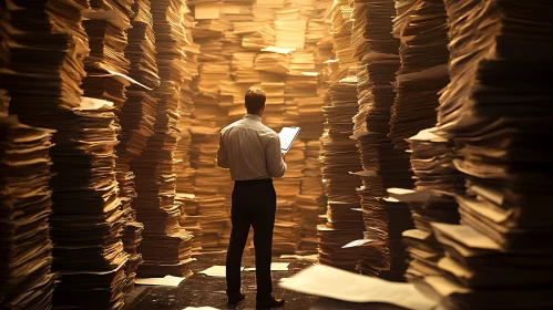 Man Confronted by Endless Paper Stacks