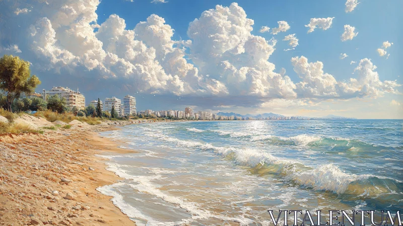 AI ART Coastal View with Clouds and Waves