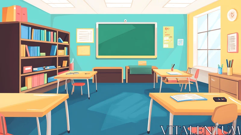 AI ART Classroom Interior with Chalkboard and Desks