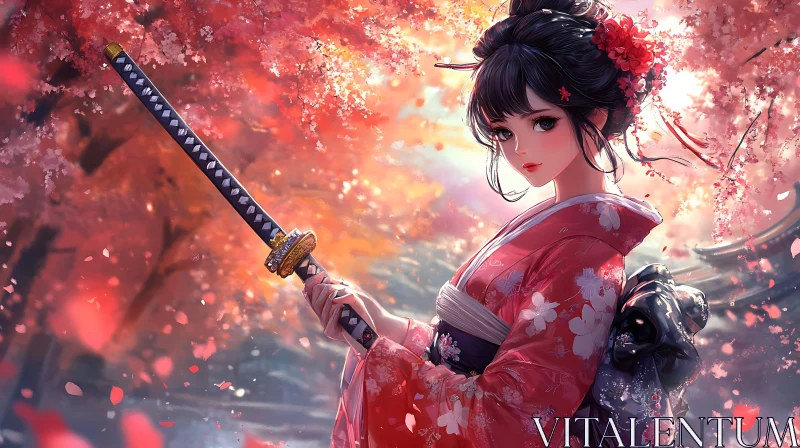 Katana-Wielding Girl in Kimono Anime Art AI Image