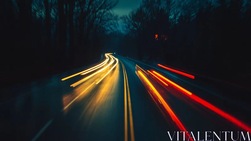 Streaks of Light on a Dark Road AI Image