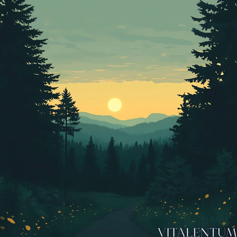 Tranquil Forest Landscape at Sundown AI Image