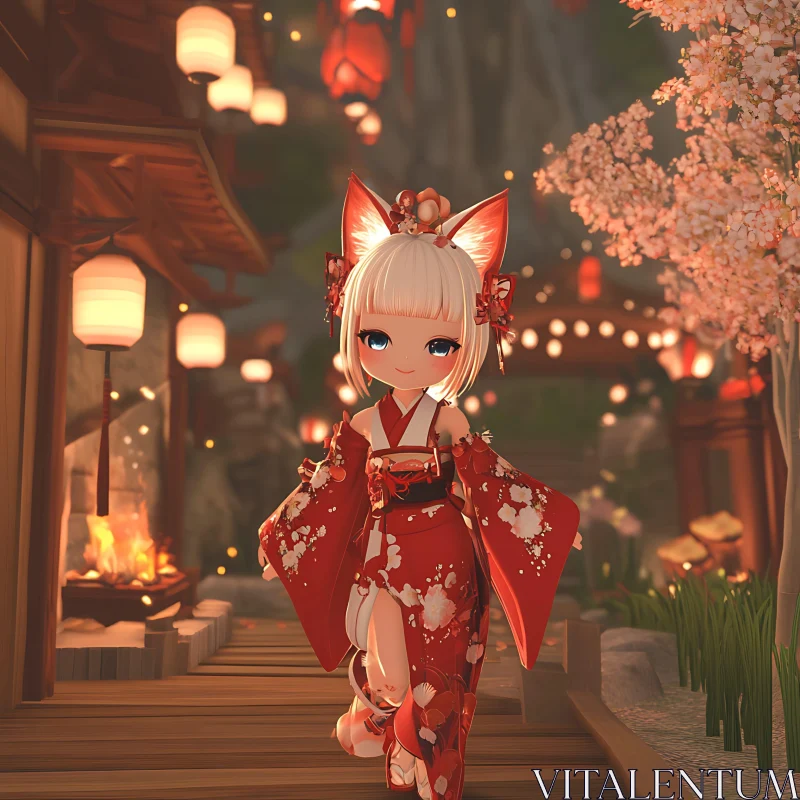 Anime Fox-Eared Character in Traditional Kimono AI Image