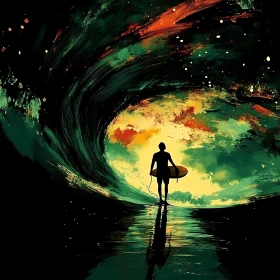 Silhouette of Surfer and Swirling Wave