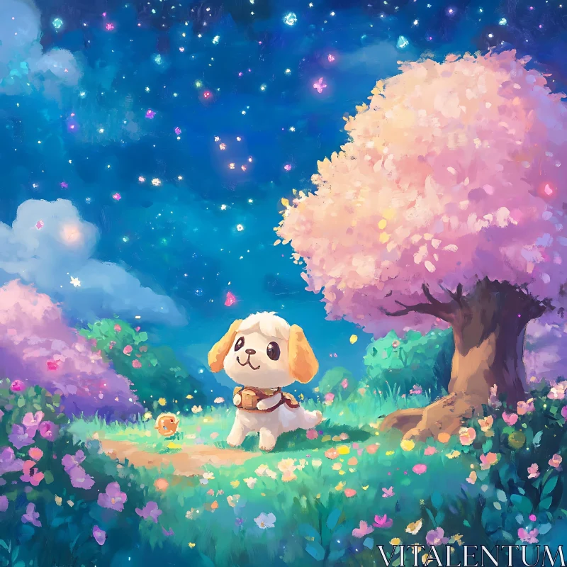 Magical Night Meadow featuring Puppy and Cherry Tree AI Image