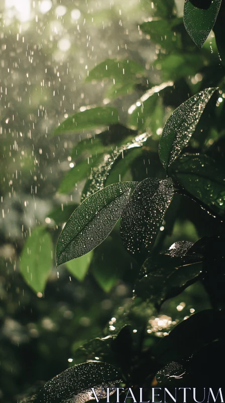 Rain on Leaves in a Forest AI Image