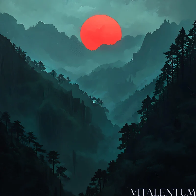 AI ART Red Sun Over Teal Mountains