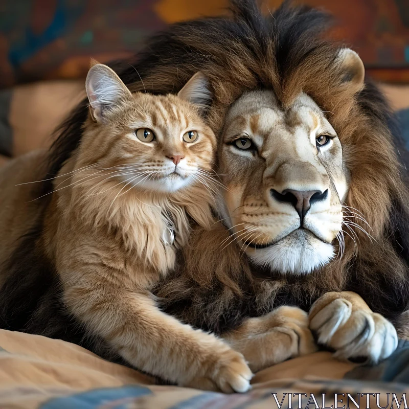 Unlikely Friends: Lion and Cat Portrait AI Image