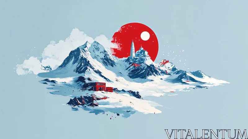 AI ART Winter Mountain Landscape with Red Sun