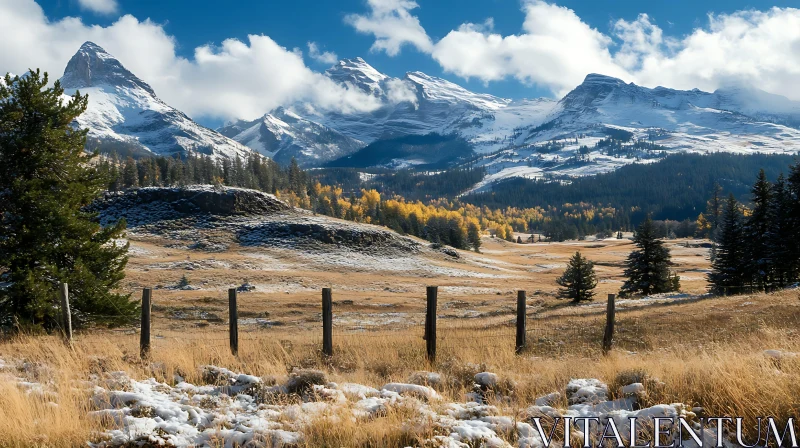 Snowy Peaks and Autumn Field AI Image