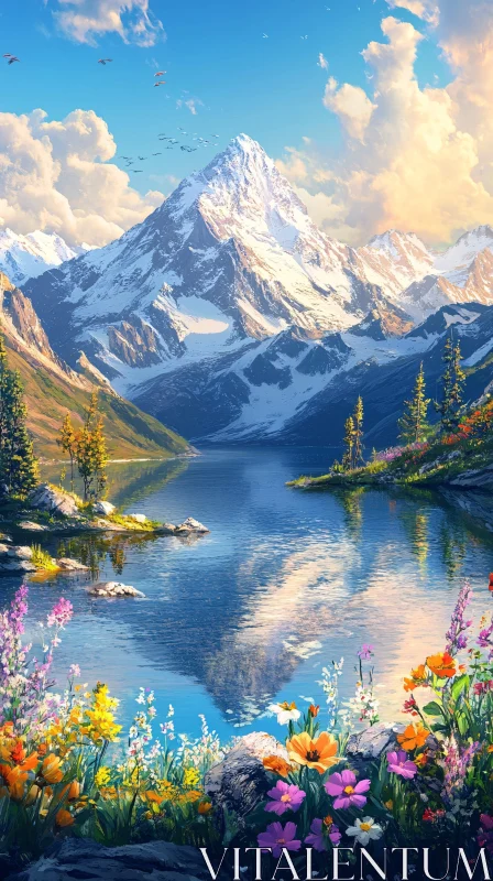 Alpine Landscape with Reflective Lake and Blossoming Flowers AI Image