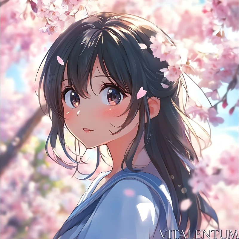 Anime Girl in Cherry Blossom Garden AI Image