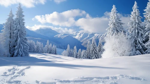 Snowy Mountain Scene with Pine Trees