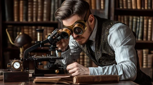 Man with Microscope in Old Library