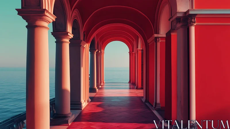 Red Corridor with Arches and Columns by the Sea AI Image