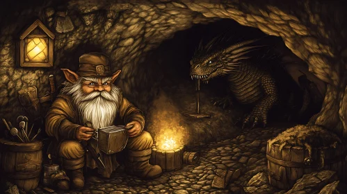 Fantasy Cave Encounter: Dwarf and Dragon