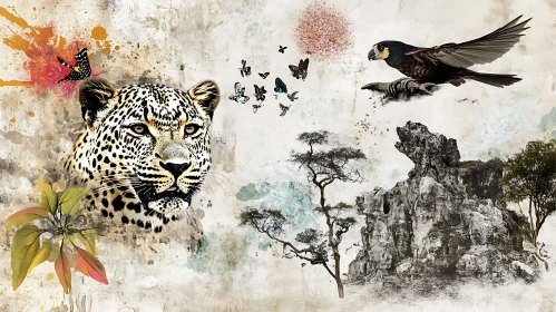 Majestic Leopard with Bird and Butterflies