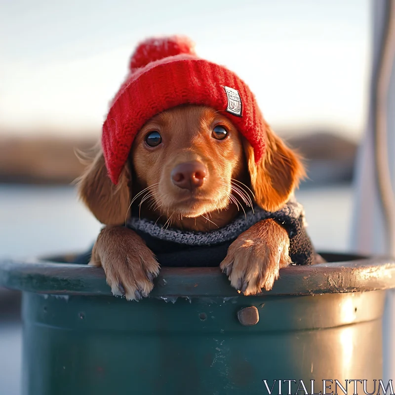 Cute Puppy Wearing a Cozy Red Hat AI Image