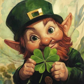 Smiling Leprechaun Holding Four-Leaf Clover