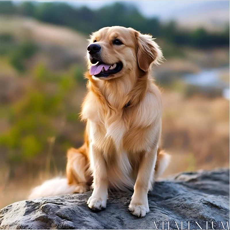 Happy Golden Retriever on a Rock Outdoors AI Image