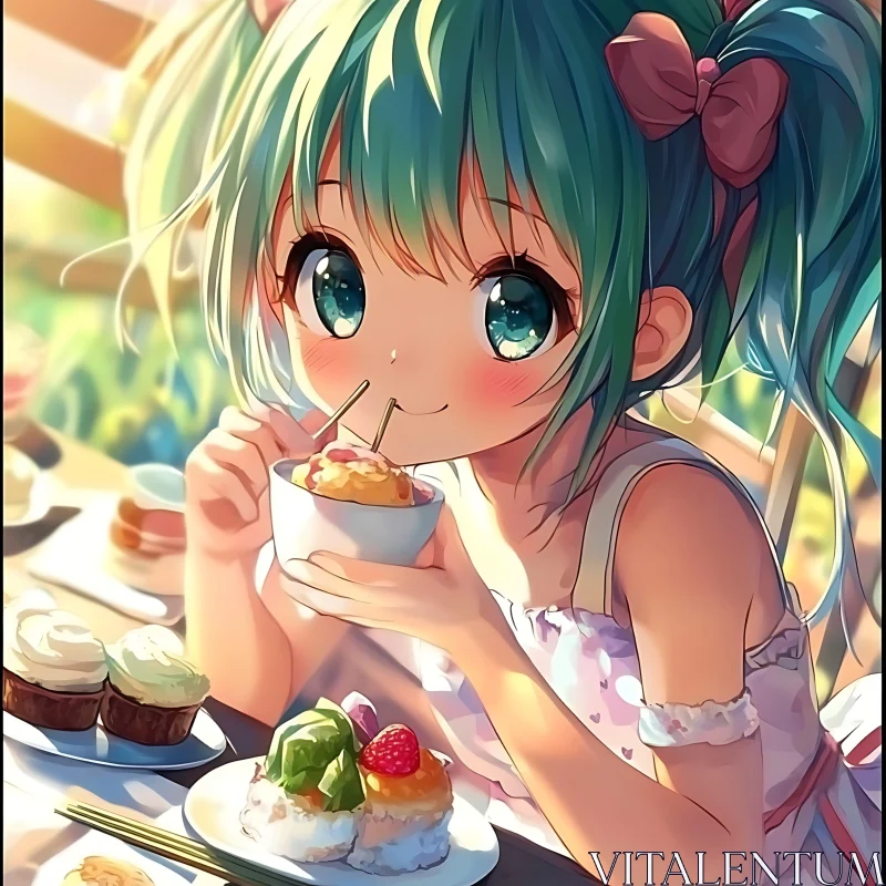 Anime Girl with Teal Hair Eating Dessert AI Image