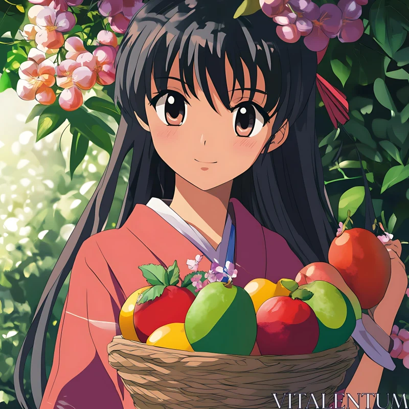 Anime Girl in Pink Kimono with Fruit Basket AI Image