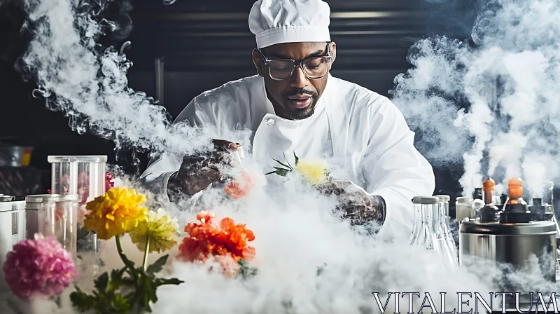 Chef Creating Floral Smoke Dish AI Image