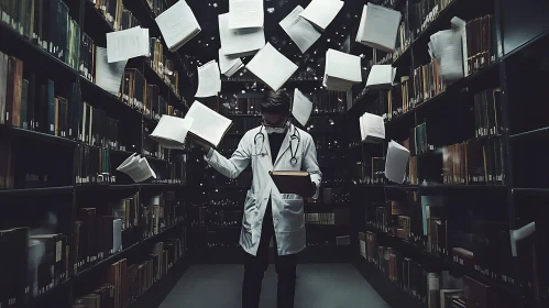 Medical Professional in Book-Filled Library