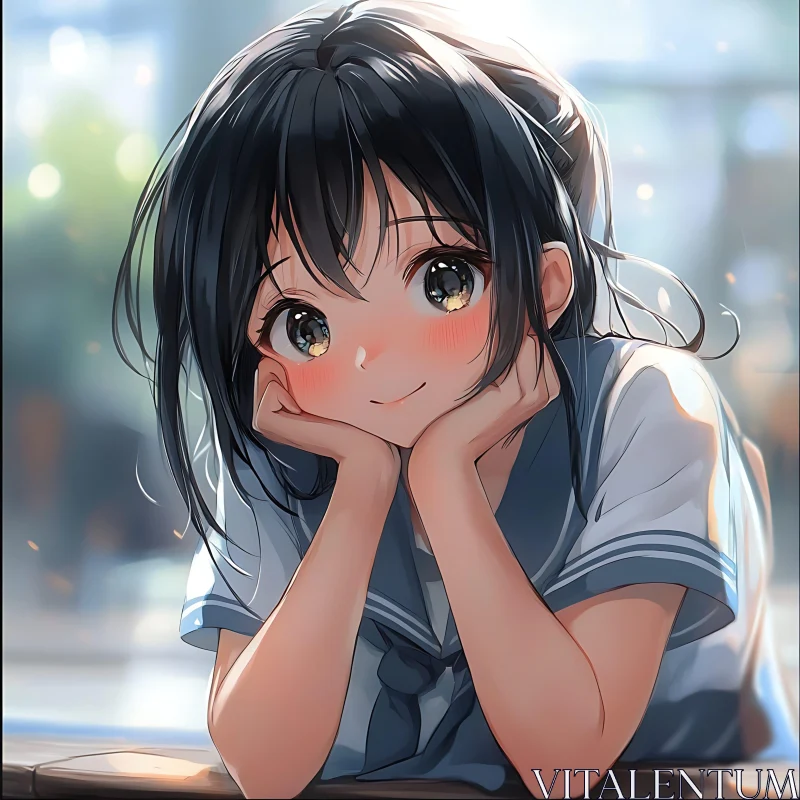 Anime Girl with Dark Hair and Blushing Cheeks AI Image