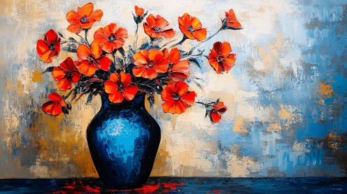 Crimson Blossoms in Azure Vase