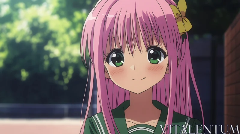 Pink-Haired Anime Schoolgirl in Green Environment AI Image