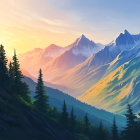 Pastel Mountain Range with Pine Trees