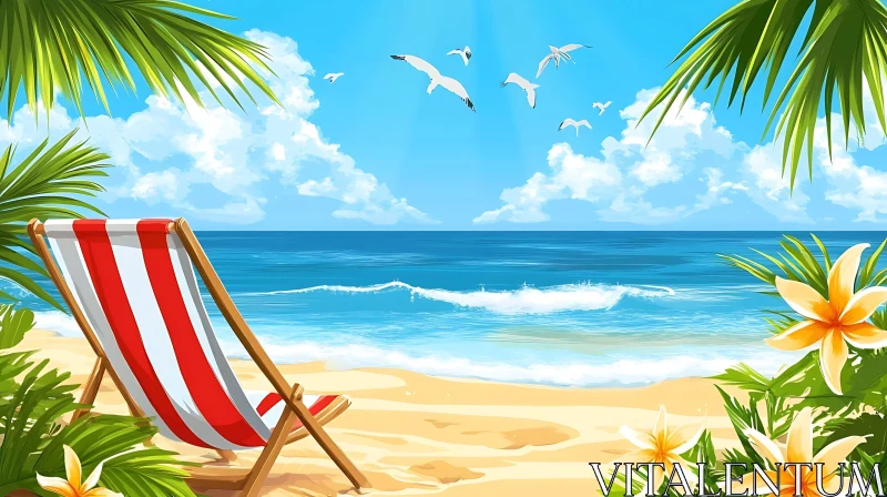 Idyllic Beach Scene with Chair and Seagulls AI Image